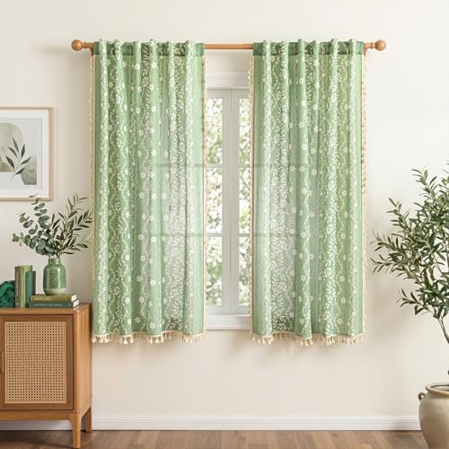 Image of MYSKY HOME Linen Sage Green Boho Floral Curtains 54 Inch Long for Cafe