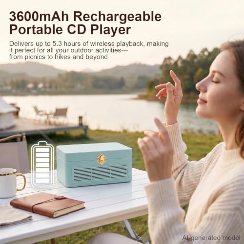 Image of Gueray CD Player Portable Bluetooth: Retro CD Players with Speakers Vintage CD-Player 3600mAh Rechargeable & Radio & Remote Control Support USB /AUX Playback Headphone Jack (Green)