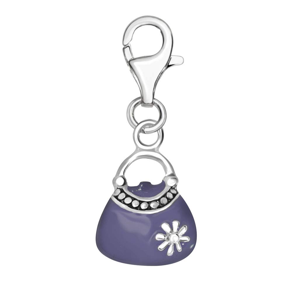 Quiges 925 Sterling Silver Purple Enamel Handbag Purse with Flower Lobster Clasp Charm Clip on Pendant