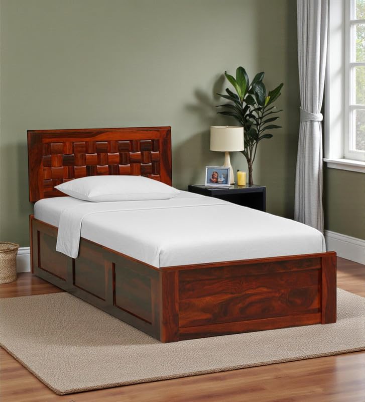 Image of Solid Sheesham Wood Woodora Single Bed with Box Storage | Wooden Single Bed Cot Palang Furniture for Bedroom Living Room Home and Hotel (Honey Oak Finish)