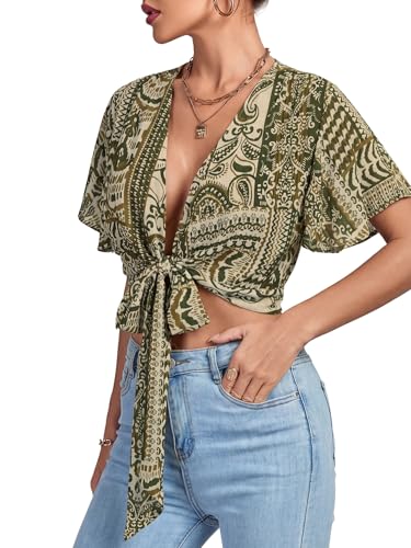 Image of LYANER Women's Sexy Deep V Neck Tie Front Wrap Cropped Blouse Bell Short Sleeve Ruffle Crop Tops