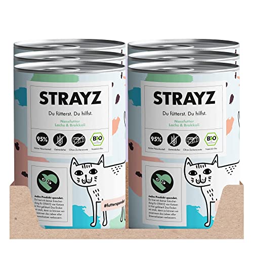 STRAYZ - Bio Katzenfutter Nass - Lachs & Brokkoli, Getreidefreies Premium Nassfutter für Katzen mit 95% Fleischanteil ohne Zucker - 6x400g Dose