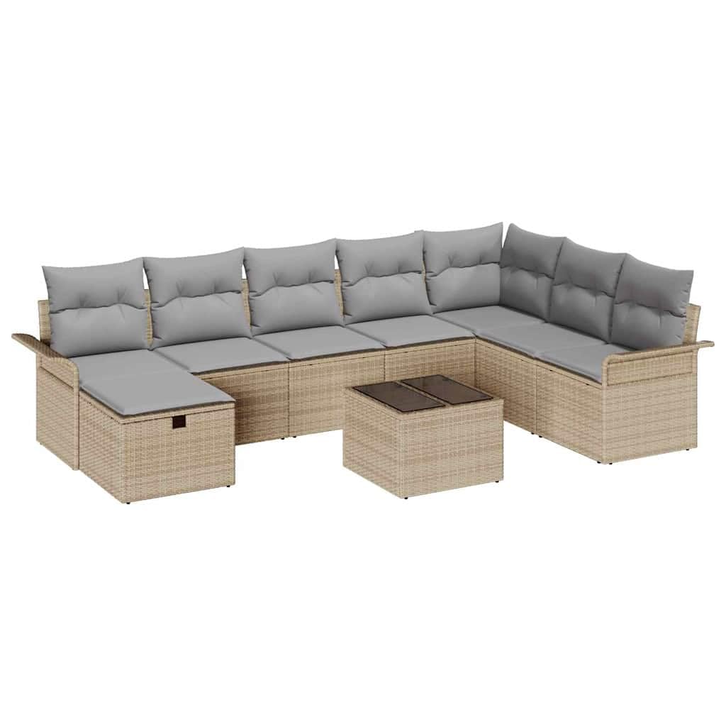 Set di divani da giardino in polyrattan, 9 pezzi, beige e grigio