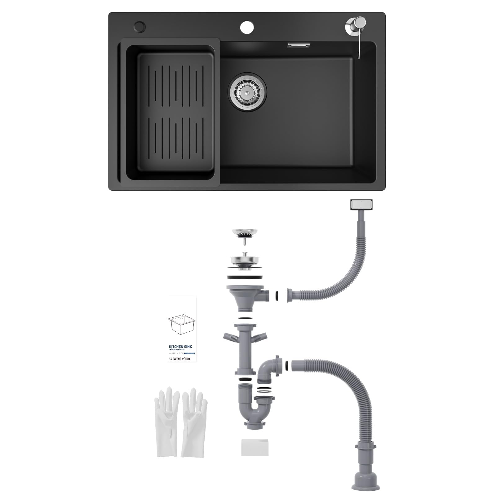 CECIPA Evier Cuisine 1 Bac 70x45x20 cm, Évier En Granit avec Grand Bassin, Lavabo Cuisine Avec Siphon & Trop-Plein, Évier à Encastrer des sous-meubles supérieurs à 80 cm - Noir