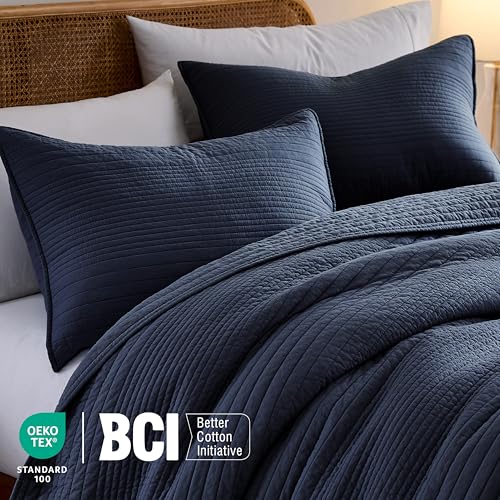 Image of palassio Striped Navy Blue 100% Cotton Quilt Queen Size Bedding Sets, Lightweight Crinkly Channel Pick Stitch Textured Bedspread Soft Shabby Chic Farmhouse Country Coverlet for All Season, 2 Shams
