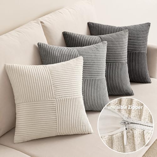 EMEMA Kissenbezug Kordsamt 4er Set Patchwork Kissenhülle 40x40 cm Zierkissenbezug Dekokissen Sofakissen Kord Dekorative Kissen für Sofa Sessel Zuhause Schlafzimmer Grau Serie