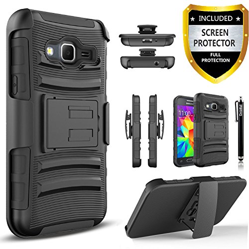 Galaxy J1 Case, Samsung Galaxy J1 Case, Combo Rugged Shell Cover Holster with Built-in Kickstand and Holster Locking Belt Clip + Circle(TM) Stylus Touch Screen Pen and Screen Protector - Black