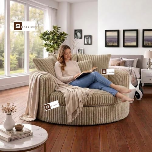Image of SOFALIZE - Modern Barrel Accent with Pillows Round Sofa Combines Contemporary Design Oversize Arm Chair Cozy Club Chair for Bedroom, Living Room, Lounge, Hotel & Office, Hallways Sofa (Ivory)