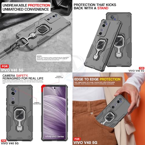 Image of AESTMO Armor Back Cover for Vivo V40 / V40 Pro / T3 Ultra 5G | Ring Holder & Kickstand & Camera Protection in-Built | 360 Degree Protection Back Case Cover For Vivo V40 / V40 Pro / T3 Ultra 5G (Black)