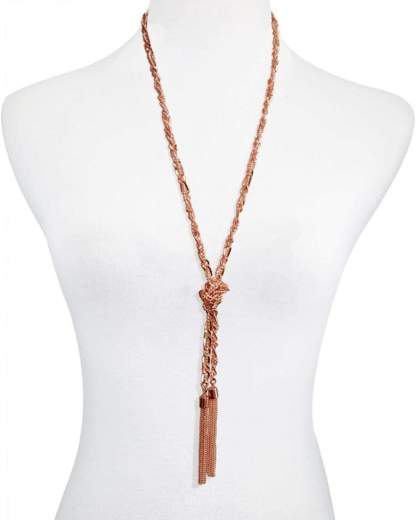 GUESS Two-Tone Long Braided Knot Chain Tassel Necklace