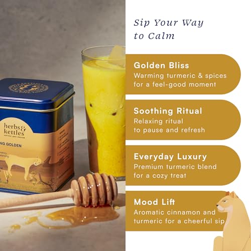 Image of Herbs & Kettles Calming Golden Turmeric Latte | Caffeine-Free Blend with Turmeric, Ashwagandha & Spices | 25-30 servings | Ayurvedic Drink for Warming, Soothing & Wellness | Golden Latte Mix, 1.76 oz | Enjoy Hot or Iced