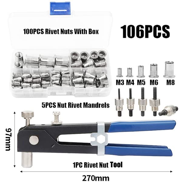 Tuerca remachable, Tuercas remachables 106 Piezas Kit de Remachadora Manual de Tuercas Herramienta de remachado de Tuercas roscadas M3-M8 Tuerca remachable de Aluminio