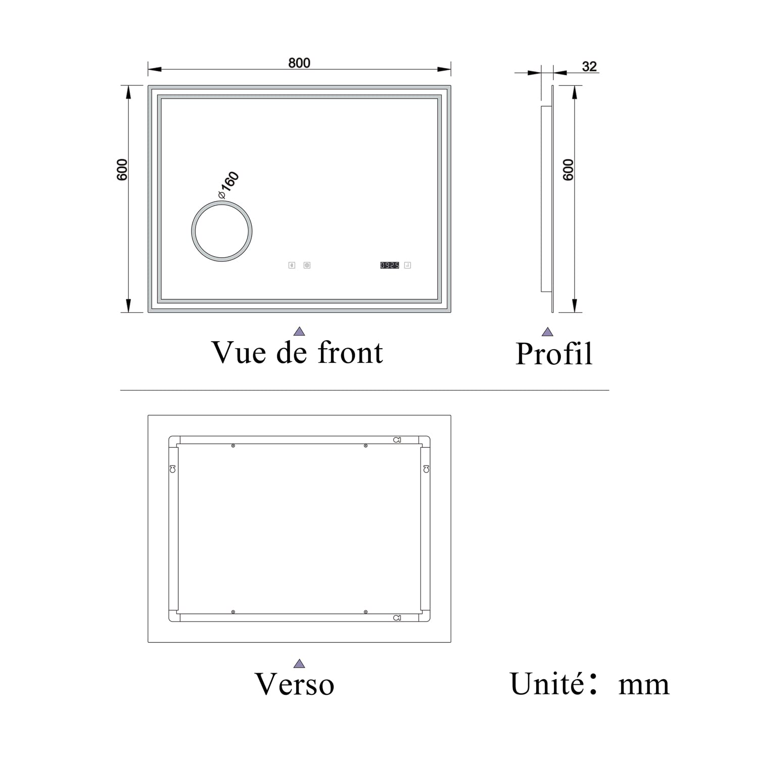 AICA Miroir de Salle de Bain LED avec Bluetooth, Mural Miroir avec Horloge + 3 Couleurs + Dimmable + Anti-buée + Grossissant 3X,Interrupteur Tactile Étanche IP44-80 x 60cm