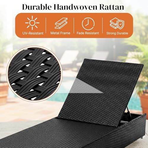 Image of DEVOKO Outdoor Rattan Wicker Sun Lounger Recliner for All Weather Comfort with Durable Metal Frame Ideal for Garden, Deck, Lawn, Poolside (Black)