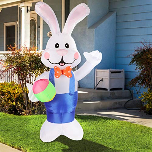 VCUTEKA Easter Inflatable Bunny Pushing Wheelbarrow with Eggs Blow Up Outdoor Decorations Lighted LED Lights Holiday Party Display Yard Lawn Patio Decorations 4FT 6FT Indoor Outside Decor