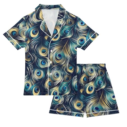 Blue Peacock Feathers Summer Pajamas Set Soft Satin Pjs Sets 2 Piece Short Sleeve Sleepwear Casual Clothes