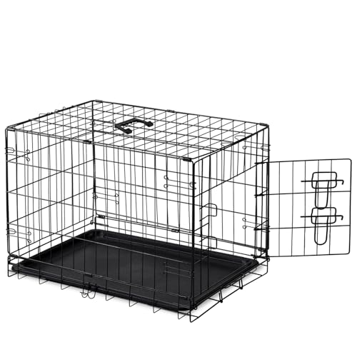 DUMOS Dog Crate, 30 Inch Medium Single Door Dog Cage with Divider Panel and Plastic Leak-Proof Pan Tray, Folding Metal Wire Pet Kennel for Indoor, Outdoor, Travel