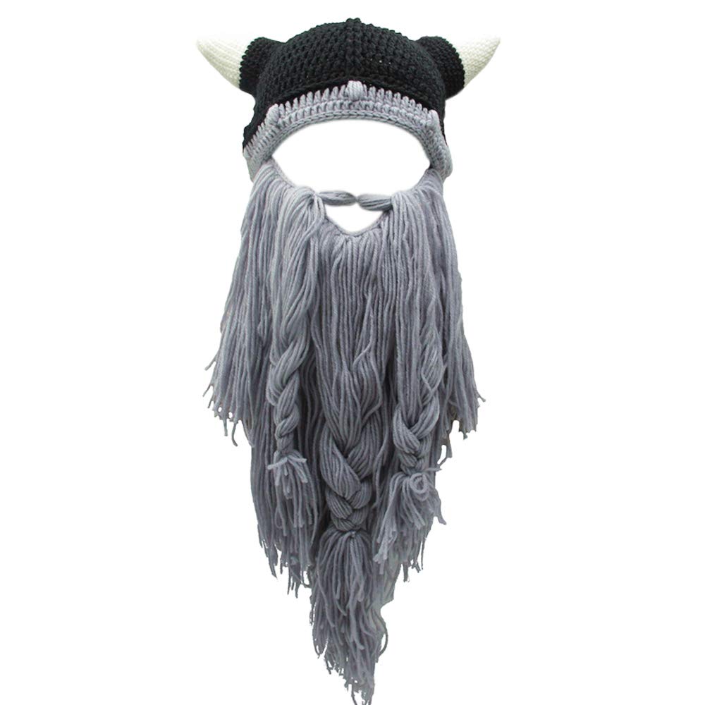 Kafeimali Men's Grey Head Barbarian Vagabond Beanie Original Foldaway Beard Hats Halloween Viking Horns Bearded Caps, One Size
