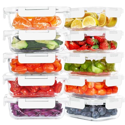 KOMUEE 10 Packs 22 oz Glass Meal Prep Containers, Glass Food Storage Containers with Lids, Airtight Lunch Boxes BPA Free, Microwave and Freezer Safe, White