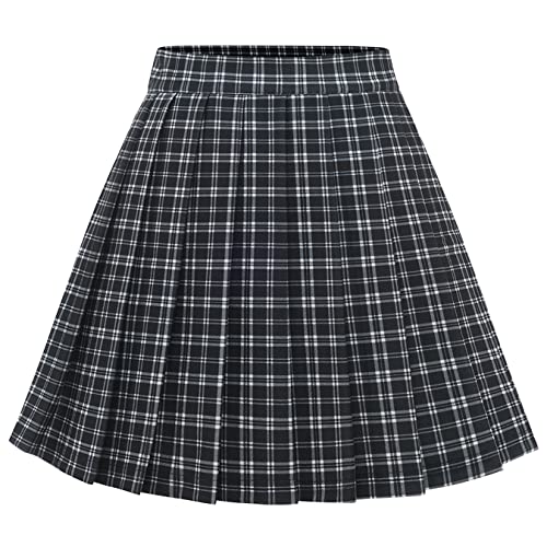 BeryLove Damen Rock Kurz Kariert Faltenrock Schwarz Schuluniform A Linie Mini Swing Rock Elastischer Bund High Waist Anime Rock BLP9004 SmallBlackWhitePlaid M Cover