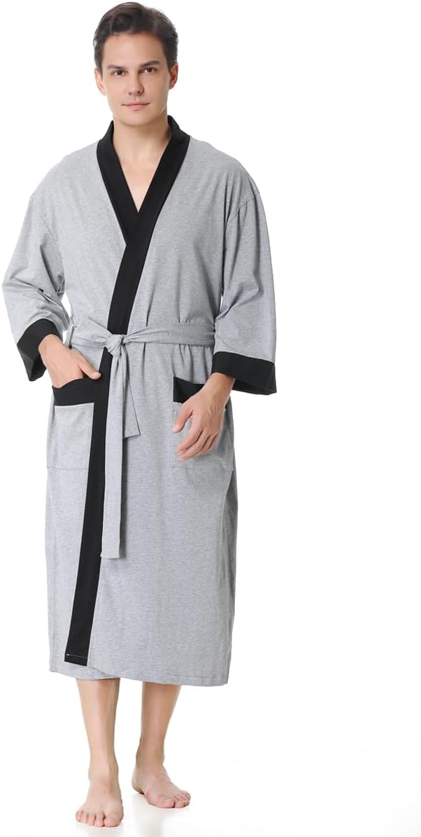 KEMUSI Men's Summer Knee-Length Breathable Absorbent Sleepwear Bathrobe, Mid Sleeve, Grey with Black Trim, Soft and Comfy