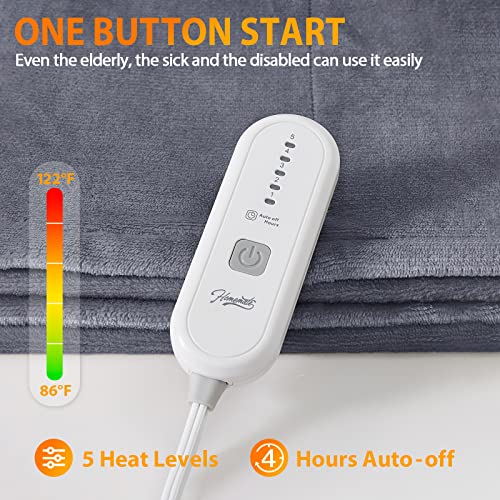 HomeMate Heated Blanket Electric Throw - 50\"x60\" Heating Blanket Throw 4 Hours Auto-Off 5 Heat Levels Heat Blanket Over-Heat Protection Flannel Sherpa Heater Blanket Electric ETL Certification