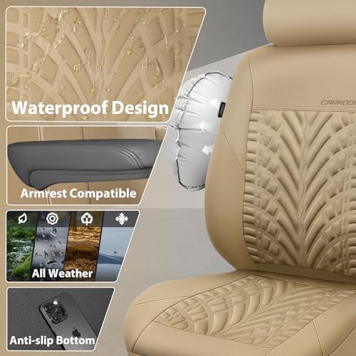 Image of CAR PASS Neoprene Waterproof Seat Covers Full Sets, Wetsuit Car Seat Covers 5 Seats Universal Fit for Vans, Truck, SUV, 3D Tyre Embossed Seat Covers Anti Slip with Armrests, Aibag Compatible All Beige