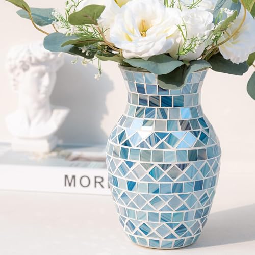 Vase en verre mosaïque bleu pour fleurs – Vase décoratif fait main style moderne – Idéal pour décoration maison, table, salon, chambre et centre de table
