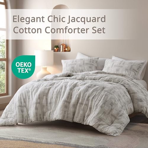 Image of Ink+Ivy King Comforter Set Jacquard Weave Cotton Comforters King Bedding Set, All Season Lightweight & Breathable Cotton King Size Comforters, Cairo, King /Cal King, Ivory 3 Piece