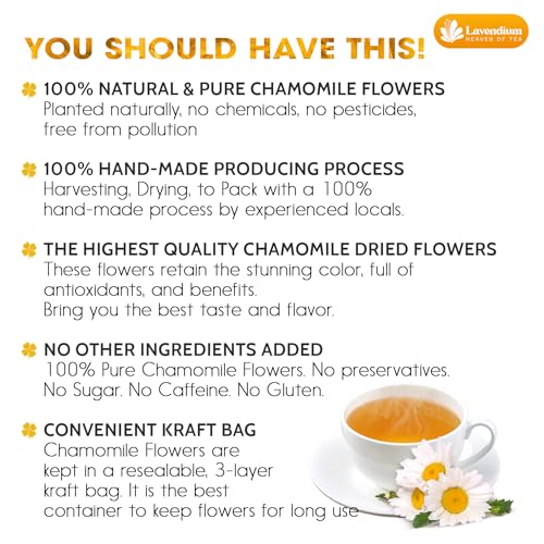 Image of Lavendium, Premium 4oz Dried Chamomile Flowers, 100% Natural & Pure Whole Chamomile Blossoms, No Additives or Preservatives, Non-GMO, Plant-Based & Vegan, Perfect for Herbal Tea & Infusions