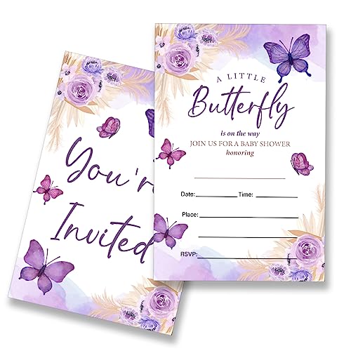EUDOSI Butterfly Baby Shower Invitations Supplies Fill-In Set of 20 with Envelopes a Little Butterfly is on the Way Baby Shower Invites Cards, Double Sided
