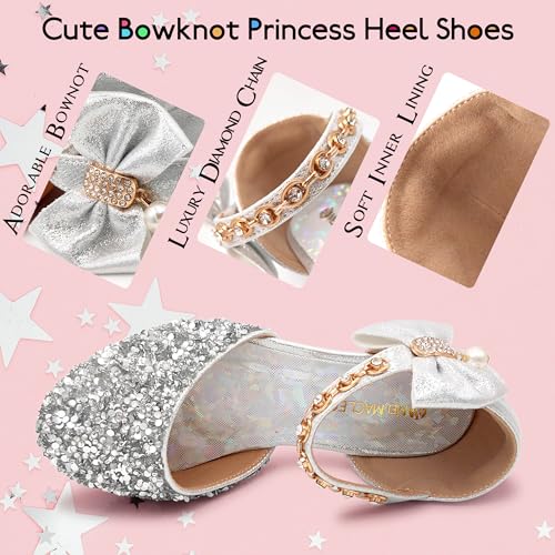 Mei MACLEOD Girls Dress Shoes Low Heel Princess Heels Sparkly with Pearl Bowknot for Wedding Party3