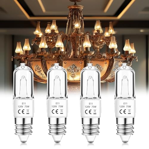 JDE11 120V 75W Halogen Bulbs,T4 JD E11 Mini Can 75W Tungsten Halogen Candelabra Bulb Dimmable,Warm White 2800K Replacement E11 LED Light Bulb for Chandeliers/Ceiling Fan/Cabinet Light,4 Pack