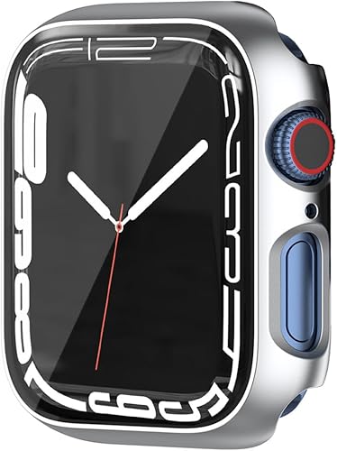 HANKN Funda para Apple Watch Series 7 8 de 1.61 pulgadas, protector de pantalla de vidrio templado, cobertura completa, a prueba de golpes, cubierta