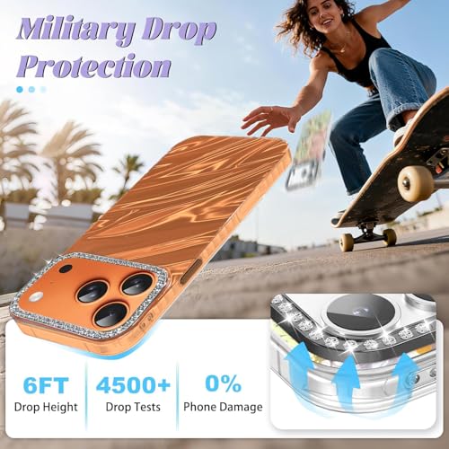 Image of Elzzi Compatible with iPhone 17 Pro Max Case | Marble Glossy Hard PC Back Cover with Diamond Camera Protector | Ultra Stylish Shockproof Back Cover Case for Girls Women-Orange