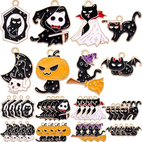 Anjulery 32Pcs Halloween Enamel Charms Set - Metal Pendants for DIY Jewelry Making Trick or Treat Craft Supplies Spooky Cute Designs (Halloween-F)