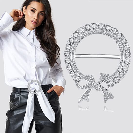 Image of 6PCS Silk Scarf Ring Clip T-shirt Tie Clips for Women Fashion Metal Ring Scarves Clasp Waist Buckle for Shirts Clothing Silver Zinc Alloy Pearl Wrap Holder with 1 Exquisite Box
