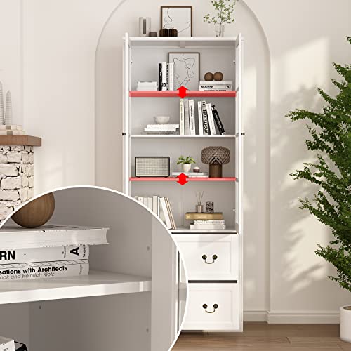 AIEGLE-Large-Bookcase-with-Glass-Doors-315-Wide-Tall-4-Tier-Bookshelf-with-2-Drawers-Freestanding-China-Cabinet-Display-Storage-Cabinet-for-Living-Room-Office-Storage-White AIEGLE Large Bookcase with Glass Doors 315 Wide Tall 4 Tier Bookshelf with 2 Drawers Freestanding China Cabinet Display Storage Cabinet for Living Room Office Storage White