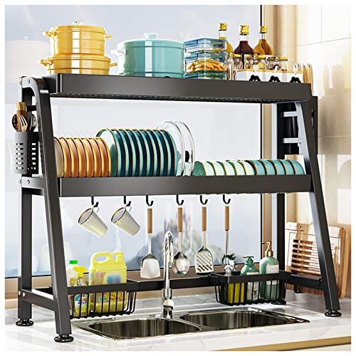 GUHPZA Escurreplatos De 2 Niveles para Encimera De Cocina, De Acero Inoxidable, De Gran Capacidad, con Soporte para Utensilios, Color Negro, 96 Cm,Black-a-76cm