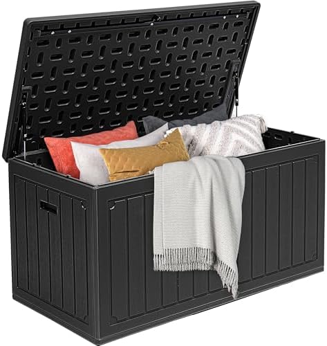 DWVO 340L Resin Aufbewahrungsbox für Außen, Doppelwandige wasserdichte Gartenbox mit Holzmaserung, Abschließbare Aufbewahrungsbox als Tisch oder Sitzbank (204 kg Belastbarkeit) – S