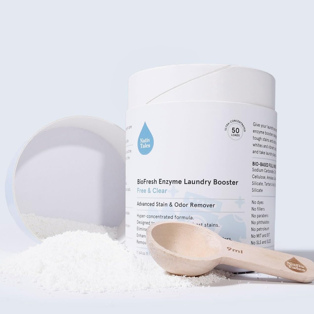 Nativ Tales Bio Enzyme Laundry Booster Powder for Stain & Odor Removal, Hyper Concentrated Booster for All Machines, 50 Loads (1.1 lb), Vegan, No Plastic, Septic Safe, Unscented