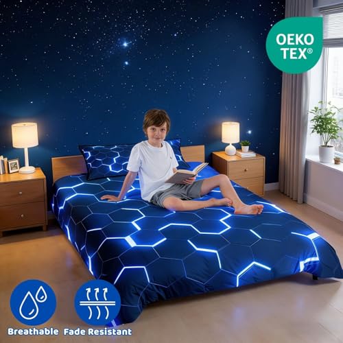 Homewish Honeycomb Comforter Cover Neon Light Geometric Bedding Set Single For Kids Boys Teens, Hexagonal Duvet Cover Soft Microfiber Quilt Cover Zipper 1 Pillow Case Blue Black Room Decor - Image 2