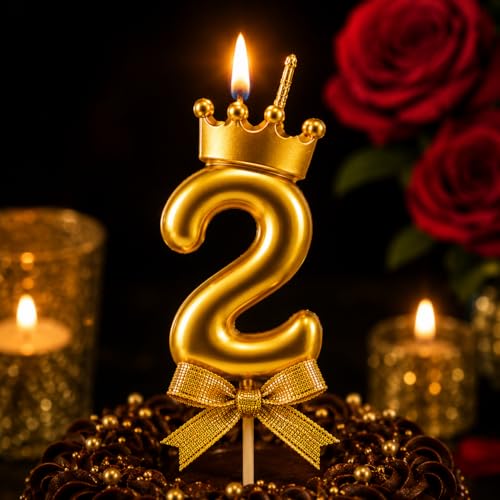 Image of Unscented Number Candles with Crown 3 inch for Birthday Parties, Wedding, Engagement, Celebrations, Theme Party, Bridal Shower, Bachelors Decoration, Gold (Numerical No 2)