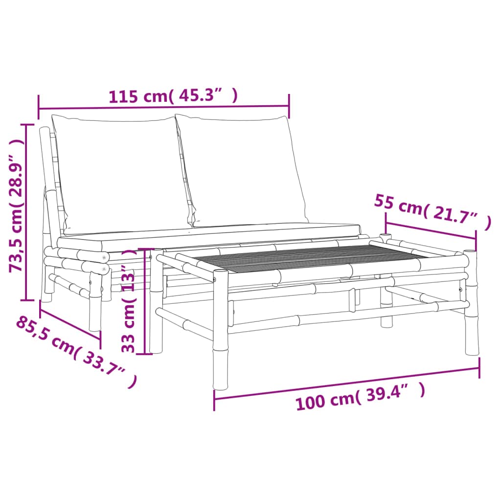 Ensemble salon de jardin, 2 pièces, en bambou naturel, avec coussins gris foncé, robuste, pour terrasse, balcon et véranda, ensemble de patio confortable