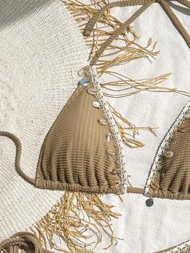 Women's Shell Decoration Boho Bathing Suit Halter High Waist Summer Swimsuit Bikinis Set3