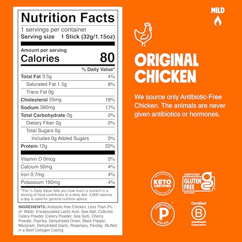 Image of Chomps Original Chicken, Antibiotic Free, 10ct, Protein Snack Stick | Keto, Paleo, Gluten Free Chicken Stick, Zero Sugar Food, Whole30 approved, Low Carb Snack, On-The-Go Nutrition, 12g Protein