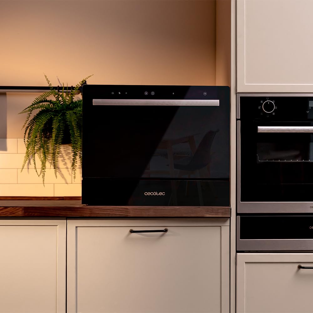 Cecotec Lavastoviglie Compact 6 Posate Bolero Aguazero 2400 Black Glass, 1380 W, Finitura vetro nero, 5 programmi, Controllo pannello touch, Programmabile fino a 24 ore, Child Lock e cestino per