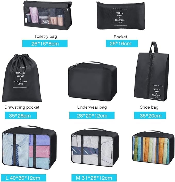 Set di 8 cubi da imballaggio, organizer da viaggio per bagagli, valigie, con borsa da toilette aggiornata, borsa per lavanderia e borsa per scarpe (celeste