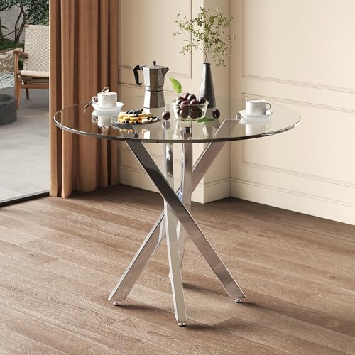 Merax Mesa de comedor redonda de 80 x 80 x 75 cm, moderna mesa de cristal con tapa de vidrio templado, patas de metal galvanizado en plata, mesa de cocina estable para 2 4 personas, café y mesa de