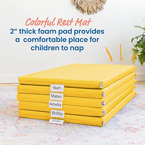 Image of ECR4Kids SoftZone Rainbow Rest Time Mat with Name Tag, Sleeping Pad, Yellow, 5-Piece